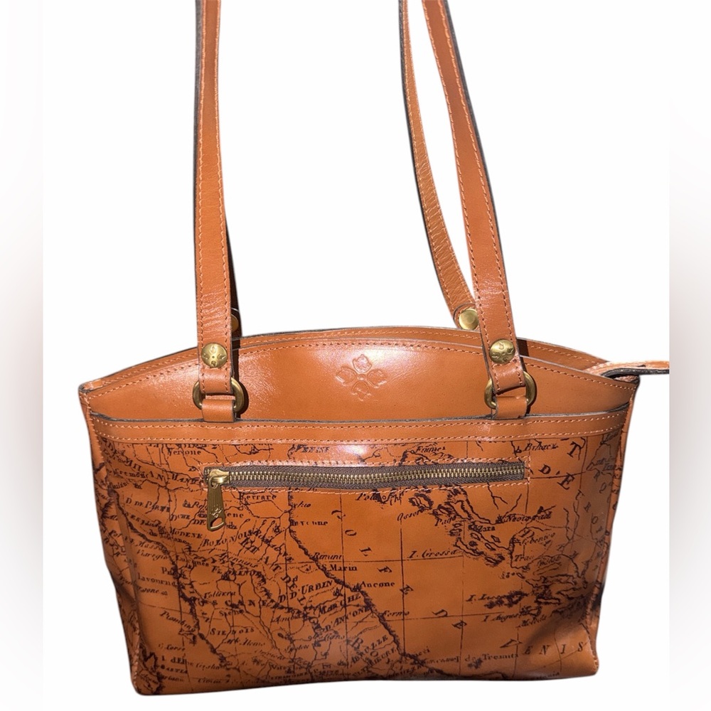 Leather Map-Print Tote Bag in Cognac